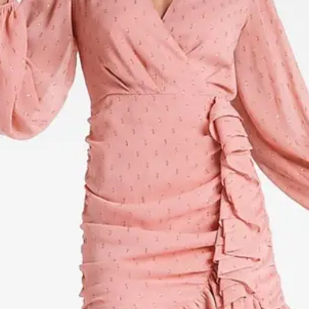 Express Pink Bodycon V-Neck Dress with Bishop Sleeves